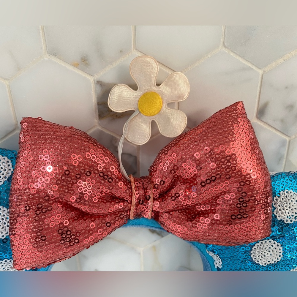 Disney Parks Classic Minnie Ear Sequin Headband Blue Polka Dot Red Bow and Daisy - Picture 3 of 16